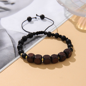 Men's Wooden <b>Bead</b> <b>Bracelet</b> Square Black Round Glass Handmade Jewelry Yiwu Spring 2024 - Product Image 1