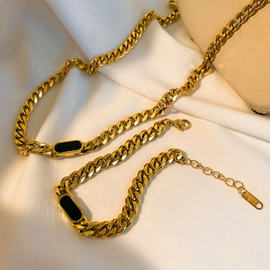 Stainless Steel Cuban Chain <b>Bracelet</b> And Necklace <b>Set</b> 18K Gold Plated 7Mm Inlaid Shell Fashion Jewelry For Women - Product Image 3