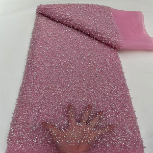 Горячая распродажа, французская сетчатая кружевная ткань, роскошный африканский тюль, кружевная ткань с бисером, вышивка с блестками, кружевная ткань для свадьбы - Product Image 4