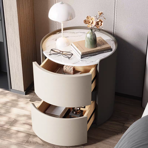 Modern Minimalist Round <strong>Bedside</strong> <strong>Table</strong> with <strong>Marble</strong> Top 2 Drawers PU Leather Storage Nightstand Hotel Workshop Furniture - Product Image 3