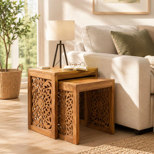 Hand Carved Wood Nested End <b>Tables</b> Natural Walnut Finish Set Of 2 Traditional Bedroom Furniture - Product Image 3