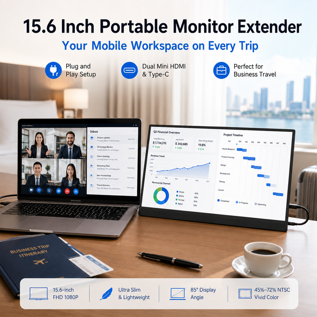 15.6 Inch 1080P Portable Monitor Extender Slim Laptop Screen Extension with Dual HDMI Type-C Built-in Speaker