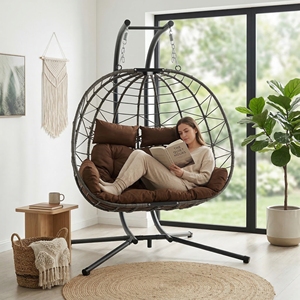 Fauteuil <span class=keywords><strong>suspendu</strong></span> <span class=keywords><strong>double</strong></span> avec support - Chaise balançoire pour patio et jardin, coussin de canapé deux places pour chambre et balcon, utilisation intérieure/extérieure (marron) - Product Image 1