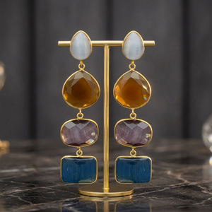 Nouvelles boucles d'oreilles ethniques légères, pierres naturelles vibrantes, plaqué or et argent, pierres précieuses de Jaipur, cadeau pour fête ou mariage - Product Image 3