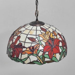 LongHuiJing Tiffany Pendant <b>Light</b> Fixture Red Flower Stained Glass Lampshade <b>Light</b> Hanging Lamp Wide 12 Inch Height 31.5Inch - Product Image 4