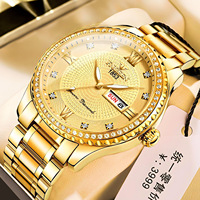 Montre-bracelet classique pour homme, quartz, acier inoxydable doré, étanche, calendrier, cadran lumineux, lunette sertie de diamants, style business, Relojes Para Hombre