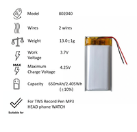 Baterai litium polimer 802040-2, baterai pengganti 2 kabel 650mAh 3.7V 802040, baterai isi ulang kapasitas tinggi