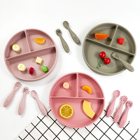 Assiette en silicone résistante à la chaleur pour tout-petits, compatible micro-ondes, avec compartiments, et cuillères durables, design antidérapant