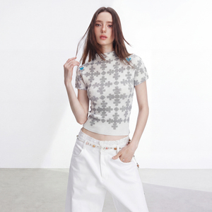 Short Sleeve Loose Fit Women's Knitted Chiffon Turtleneck Crop Top Geometric Flowers <b>Y2K</b> Eco-Friendly Vintage Breathable Spring - Product Image 3