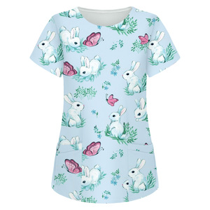 Nuova Camicia da Lavoro per Donne con Stampa Pasquale, Maniche Corte, Scollo a V, Tasca, Motivo Coniglietto e Uova, per Insegnanti di Scuola Materna e Infermiere - Product Image 1