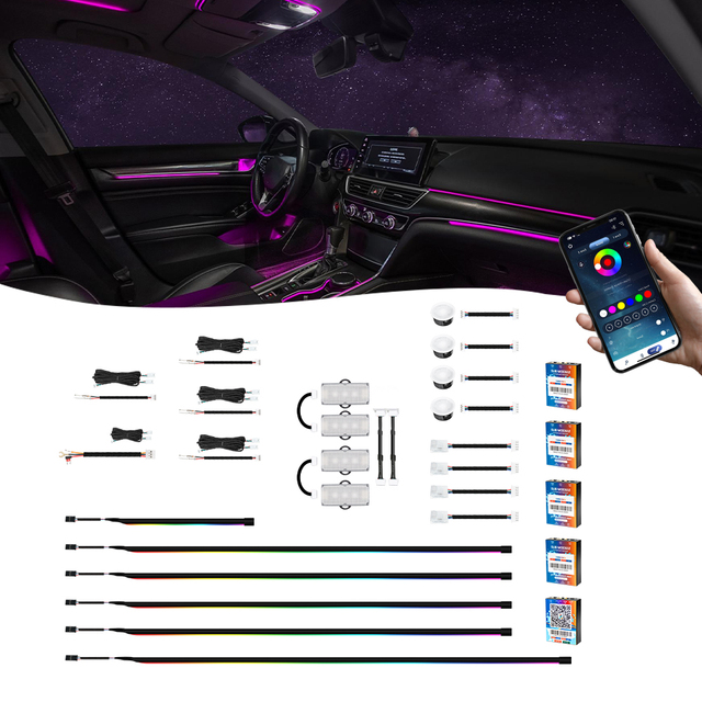 K4 Plus Customizable 265 Colors Car Ambient Lighting Kit with APP SWITCH Control Voice Control for Universal Interior Use