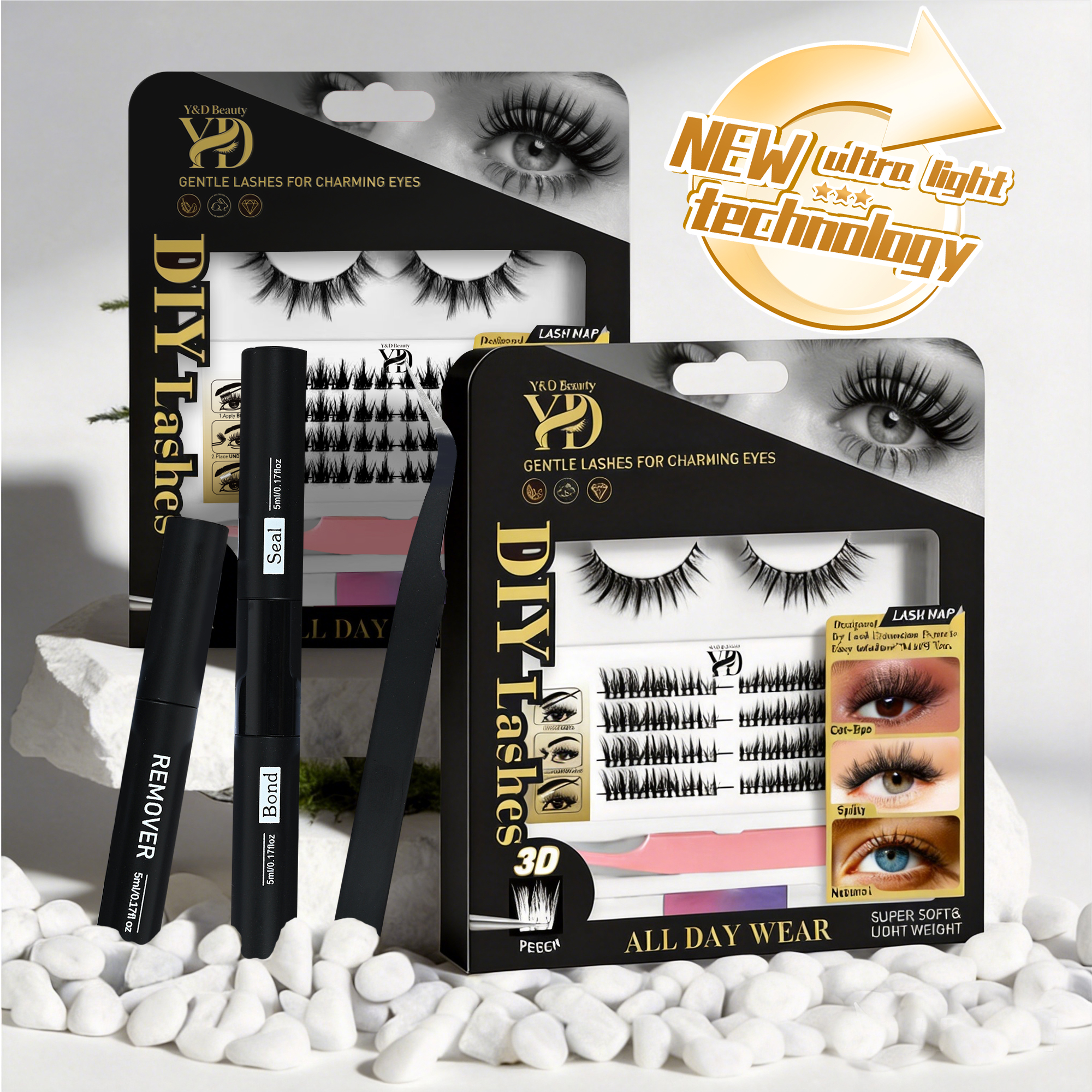 Faux cils en bande avec bouquets de cils.