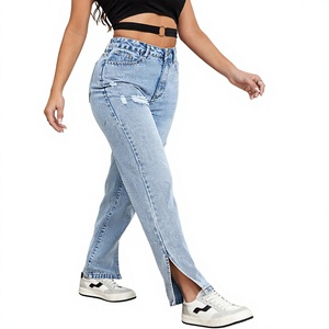 Jeans de Pierna Recta de Cintura Alta Personalizados para Mujer |   Pantalones Vaqueros Tejidos Transpirables con Lavado Enzimático Ecológico |   Vaqueros casuales con abertura lateral - Product Image 4