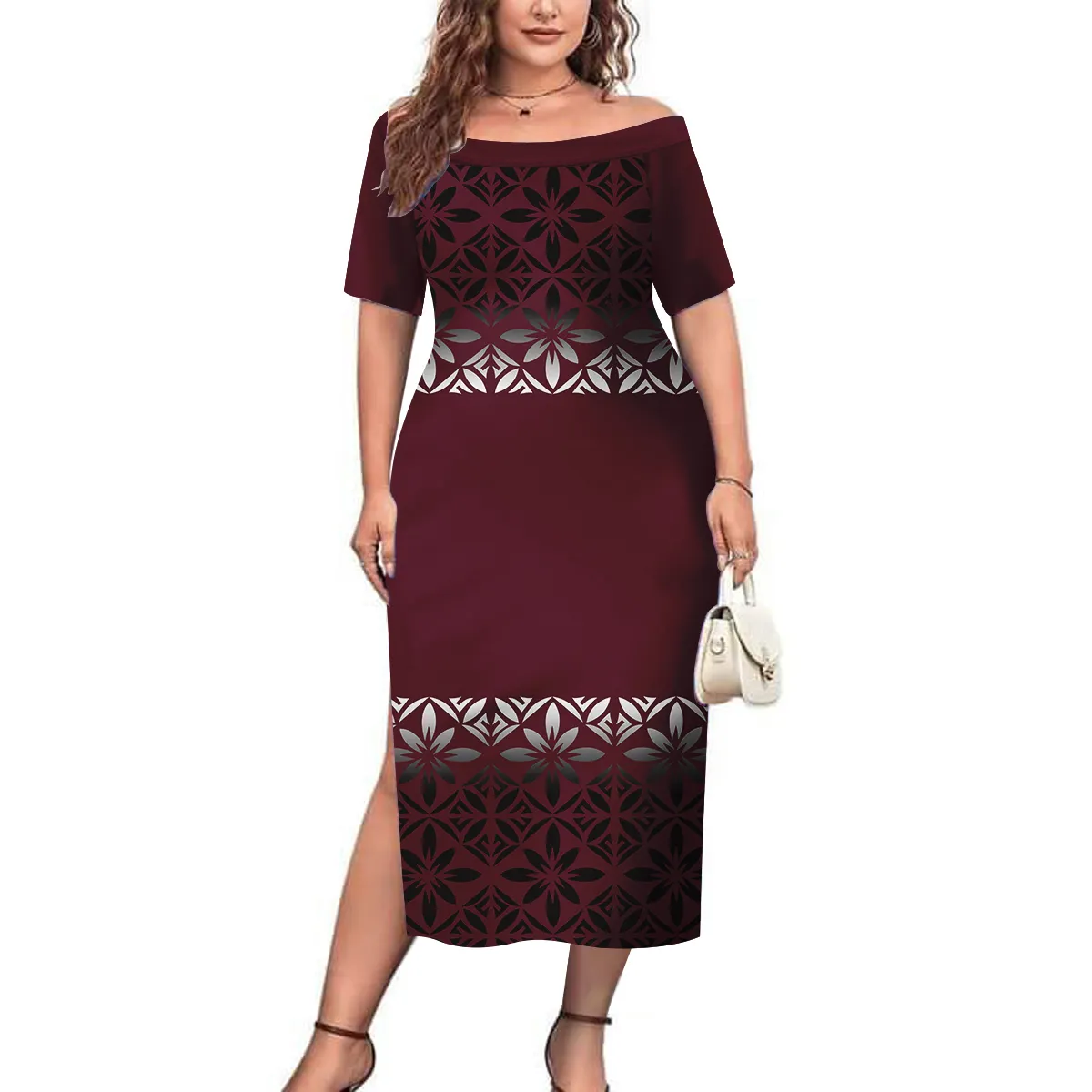 New Wholesale Customize Maroon Polynesian Tonga Tribal Printed Off Shoulder Dresses Slit Party Dresses Plus Size Womens Clothing