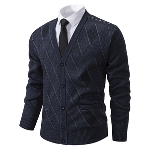 Cardigan en tricot pour homme avec logo personnalisé, vêtements d'automne à carreaux, veste classique, boutons, col en V, <span class=keywords><strong>pull</strong></span> en polaire - Product Image 2