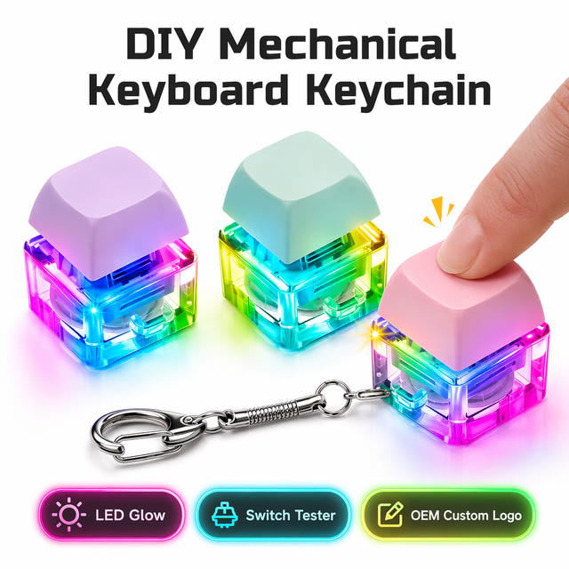 Custom Made DIY Led Mechanical Keyboard Clicker Fidget Keychain Promotional Stress Relief Gift Toy Keycap Switch Durable PVC/ABS