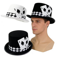 Chapeau de fête d'Halloween Hip Hop noir et blanc, chapeau de magie à motifs de cartes de poker, chapeau de scène pour performance, chapeau de magicien à motifs de piques BS211