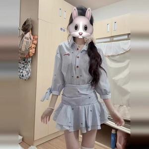 Striped Shirt Dress Mid Sleeve High Waist Pleated Skirt Daily Casual Wear Korean Style Sweet Petite Fit - Product Image 3