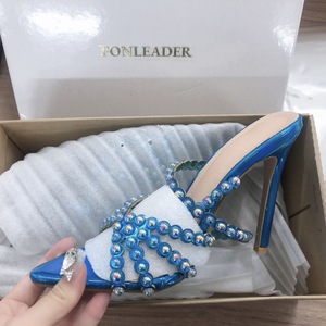 Luxury Pearl Studded 11CM <b>Open</b> Toe Ankle Lace <b>up</b> Strappy Sexy Unique Summer High Heels for Ladies - Product Image 6