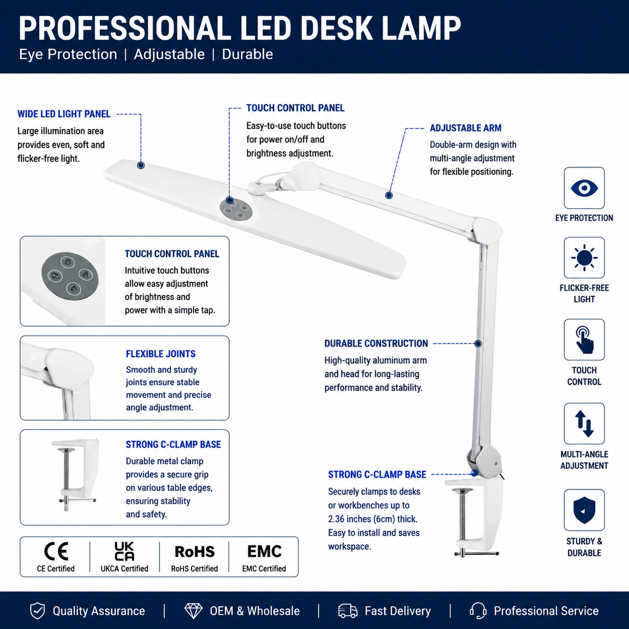 Home Office Touch Control Eye Caring Led Clamp Dimmable Desk Table Task Lamp for Study Reading Crafting Sewing Computer Work