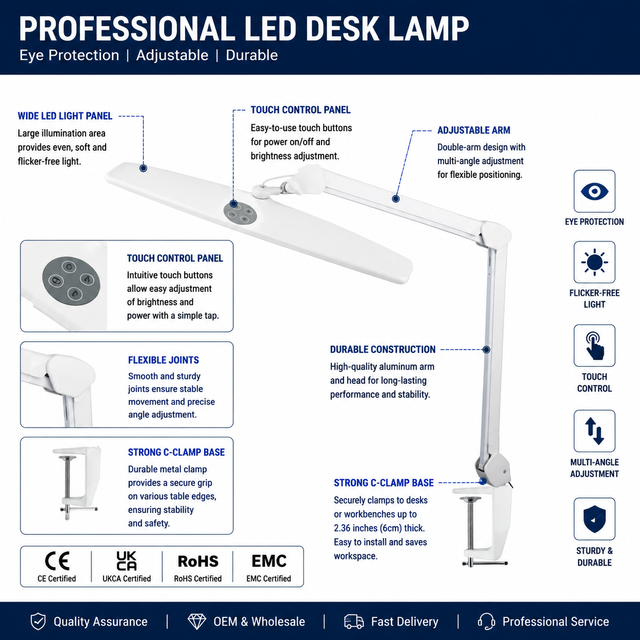 Home Office Touch Control Eye Caring Led Clamp Dimmable Desk  Table Task Lamp for Study Reading Crafting Sewing Computer Work