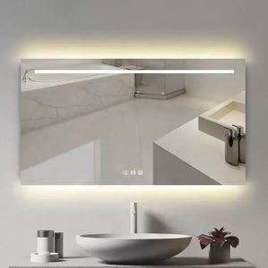 Productos de tendencia 2025 decoración Hotel moderno plata montado en la pared antivaho Led reloj Digital Interruptor táctil tocador baño inteligente espejo de baño con pantalla de tiempo muebles de sala de estar personalizados - Product Image 1