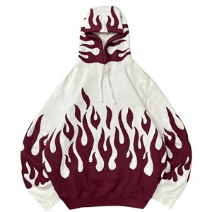 Sudadera con Capucha para Hombre, Blanca y Borgoña con Estampado de Llamas, Corte Regular, Informal, Tejida, 100% Algodón, Transpirable, Forrada, para Invierno - Product Image 5