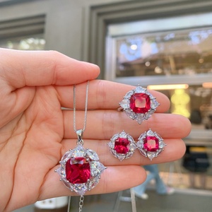 Fashion Square 12*12mm Red Zircon Romantic Necklace Ring <b>Earrings</b> 3-Piece Eco-friendly Copper Valentine Gift <b>Set</b> With Jewellery - Product Image 1