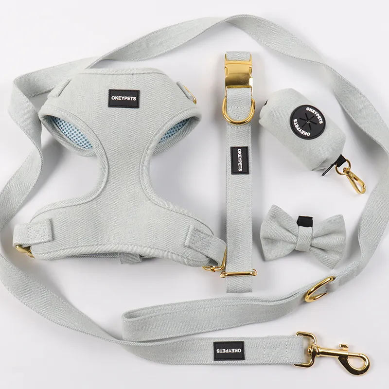 New Designer Denim Soft Dog Harness and Leash Set Heavy Duty Adjustable Custom Jean Eco Friendly Dog Harness Set