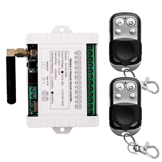 Multi-Function 4-Channel 10A DC Wireless RF Remote Control Switch (12V/24V/36V 433MHz) with Metal Transmitter Receiver