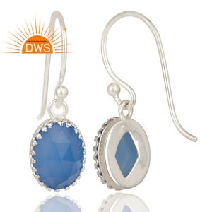 Boucles d'oreilles en pierre précieuse calcédoine bleue coupe ovale Designer 925 Boucles d'oreilles crochet en argent sterling Fabricant de bijoux Collection vintage - Product Image 2