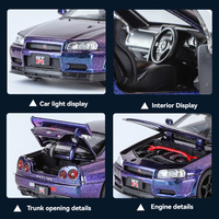 JLF GTR-R34 Skyline 1:32 Coche de juguete de aleación fundida a presión con sonido y luz, modelo de metal con retroceso, adorno para coche, puertas que se abren, decoración todoterreno