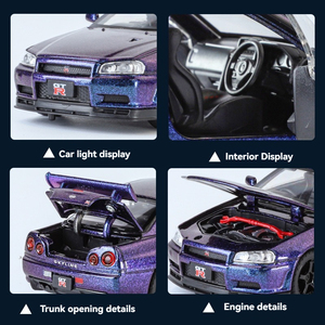JLF GTR-R34 Skyline 1:32 Coche de juguete de aleación fundida a presión con sonido y luz, modelo de metal con retroceso, adorno para coche, puertas que se abren, decoración todoterreno - Product Image 5