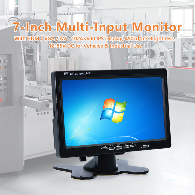 7 Inch IPS LCD Screen Car Video Monitor with HDMI/VGA/AV CCTV Monitor Parking Monitor 1024*600 DC12-35V for Truck BUS VR