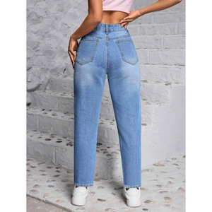 Women's Light Blue High <b>Elasticity</b> Straight Leg <b>Jeans</b> Medium Stretch Crouching Waist Japanese Korean Leisure Style - Product Image 3