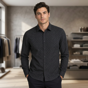Camisa de Vestir de Manga Larga con Estampado Geométrico Azul Oscuro para Hombre, Cuello Camisero, Estilo Casual Elegante, Tejido Popelina Transpirable - Product Image 2