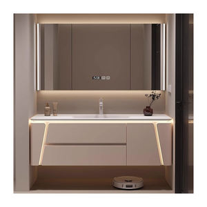 Meuble-lavabo mural moderne et minimaliste en PVC de grande capacité, couleur crème, avec lumières LED et vasques - Product Image 1