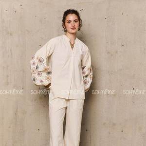 Women's White Retro Vintage ODM Half Placket Embroidered Blouse Loose Slouchy Conventional Sleeve <b>Romantic</b> Shirt - Product Image 2