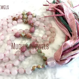 Rose quartz rhodonite silk sari tassel healing custom jewelry MN11105 Heart Chakra Mala 108