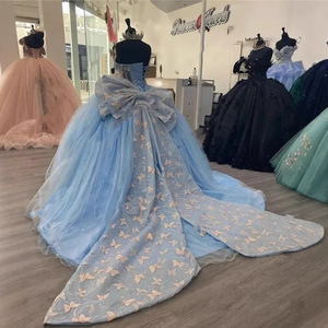 Light Blue Tulle Ball Gown Strapless 3D Butterfly Princess Dress Floral Print Prom Dress Natural Waistline - Product Image 4