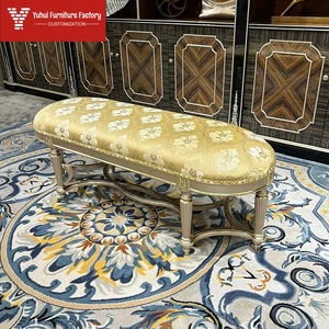 Pied de lit en <span class=keywords><strong>bois</strong></span> massif français, tabouret de canapé luxueux de style palais européen, pied de lit en tissu néoclassique pour chambre à coucher - Product Image 4