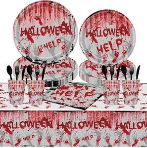 Assiettes jetables pour Halloween, tasses et serviettes de table, horribles mains de sang, vaisselle de fête pour 16 personnes - Product Image 1