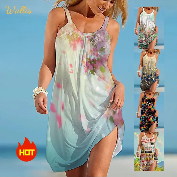 Ladies Fashion Clothes Casual Sleeveless Retro Beach Sexy Short Skirts Strap Mini 3D Printed Sundress Halter Dress Slip Dresses