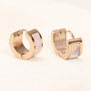 Rose Gold Huggie Earrings 7mm Shell Inlaid Geometric Design For Women Party Jewelry Stainless Steel <b>Post</b> - Product Image 4