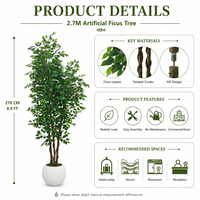 Arbre artificiel Ficus hyper-réaliste en PE 270 cm, résistant aux UV/au feu, emballage KD, écologique, pour aménagement paysager moderne, anniversaire, Pâques
