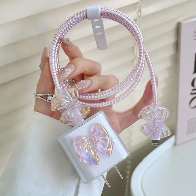 3D Pink Bow Cable Charger Protector Cover for IPhone IPad 18W 20W Original Charger 2024 New Data Line Spiral Winder Protective