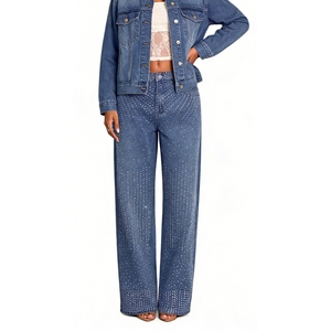 Jeans à jambes larges pour femmes ornés de strass - Pantalons décontractés en denim scintillant, tendance - Product Image 3