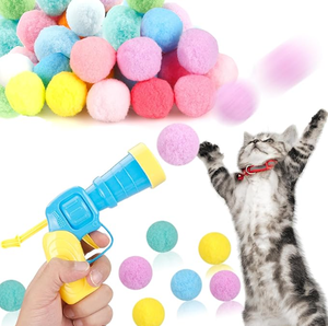 Set mainan pistol peluncur bola kucing-30 buah mainan pompom mewah + mainan ambil otomatis, kebosanan interaktif untuk kucing dalam ruangan & anak kucing - Product Image 1