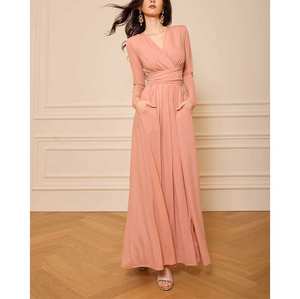 畅销女性雪纺伊斯兰服装长袖季风马克西连衣裙固体图案穆斯林派对礼服迪拜 - Product Image 1