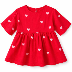 Chemisier décontracté et élégant pour femme en mélange lin-coton, personnalisé, avec fermeture boutonnée à découpe dorsale, imprimé cœurs roses, taille froncée et ourlet évasé - Product Image 2